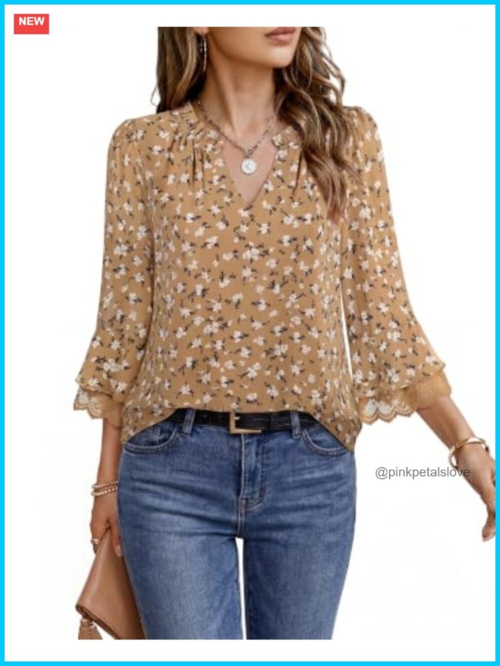 Women's 3/4 Lace Sleeve V Neck Chiffon Blouse Work Top